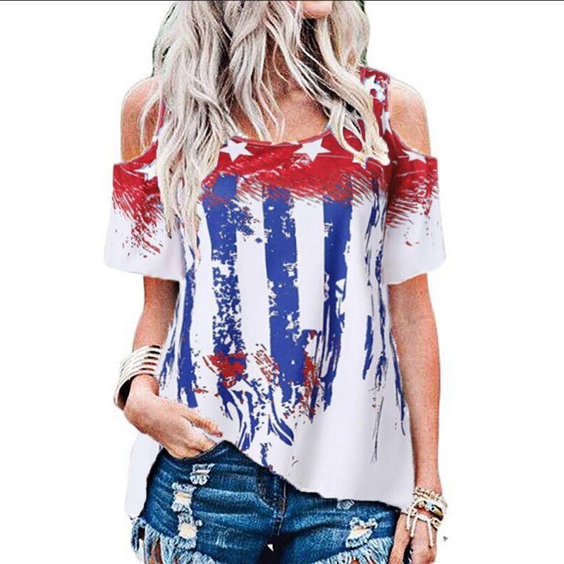 Star Print Off-shoulder Short-sleeved Plus Size T-shirt Casual Top