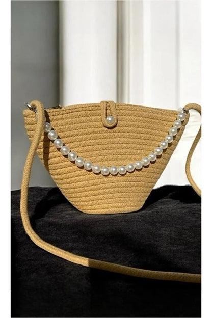 Women Latte Brown Pearl Design Shoulder Bag