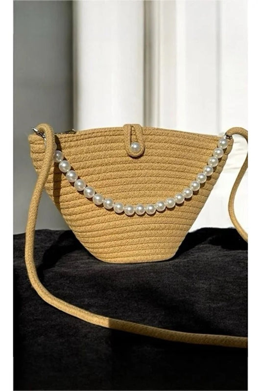 Women Latte Brown Pearl Design Shoulder Bag