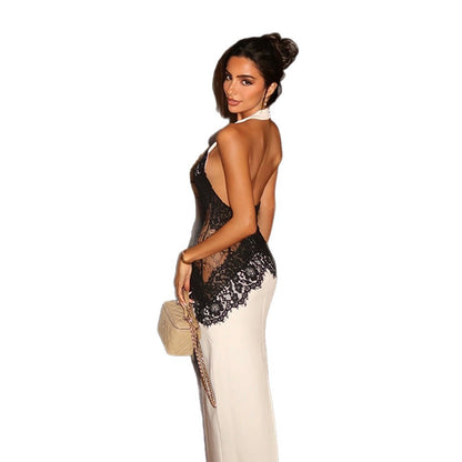 Round-neck Sleeveless Halter-neck Lace See-through Waist-cinching Dress
