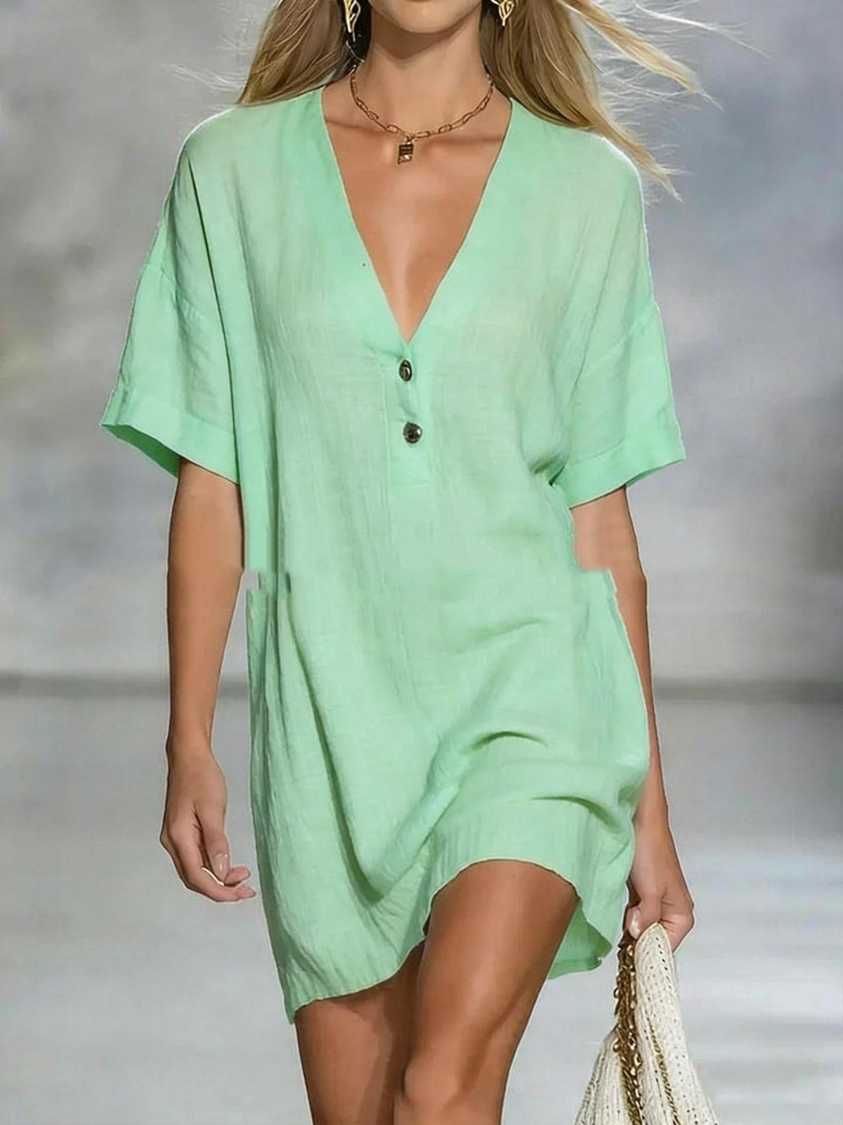 Short-Sleeve V-Neck Cotton-Linen Loose Dress