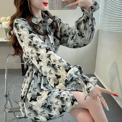 Womens Stylish Long Blouse With Floral Print And Flared Sleeves