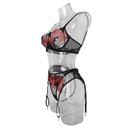 Underwear Rose Embroidery Mesh See-through Garter Three-piece Set