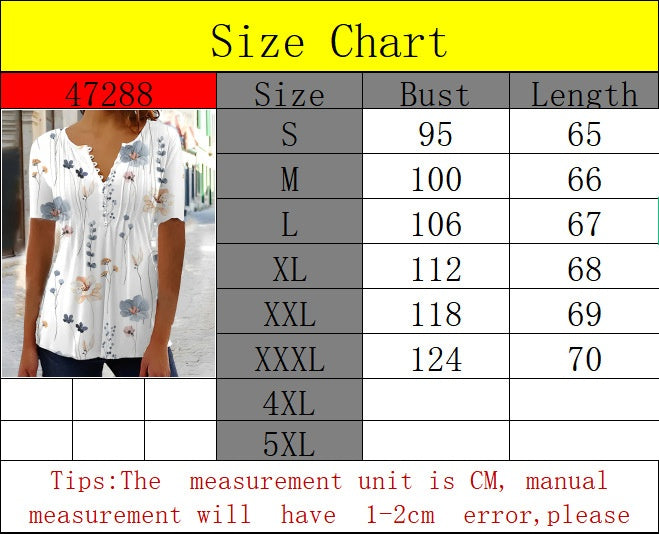 European American Summer New Fashion Printed Casual Short Sleeve Pleated Breasted T-shirt For Women