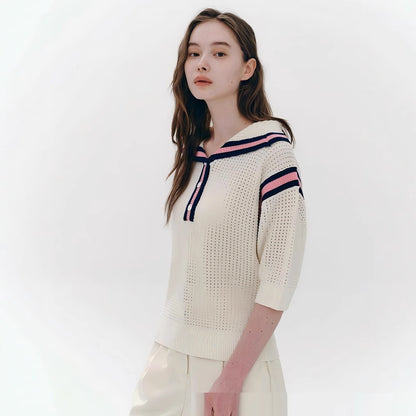 European And American Fashion Casual Preppy Style Collar Color Crocheted Knitted Pullover