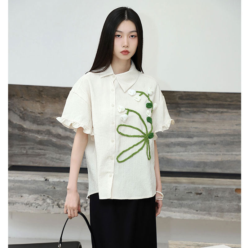 Women's Spring Hand-knitted Floral Decorations Short Sleeve Shirt Top