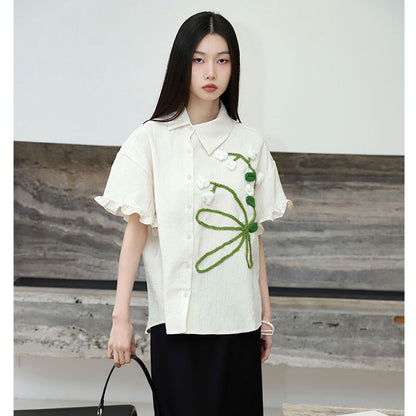 Women's Spring Hand-knitted Floral Decorations Short Sleeve Shirt Top
