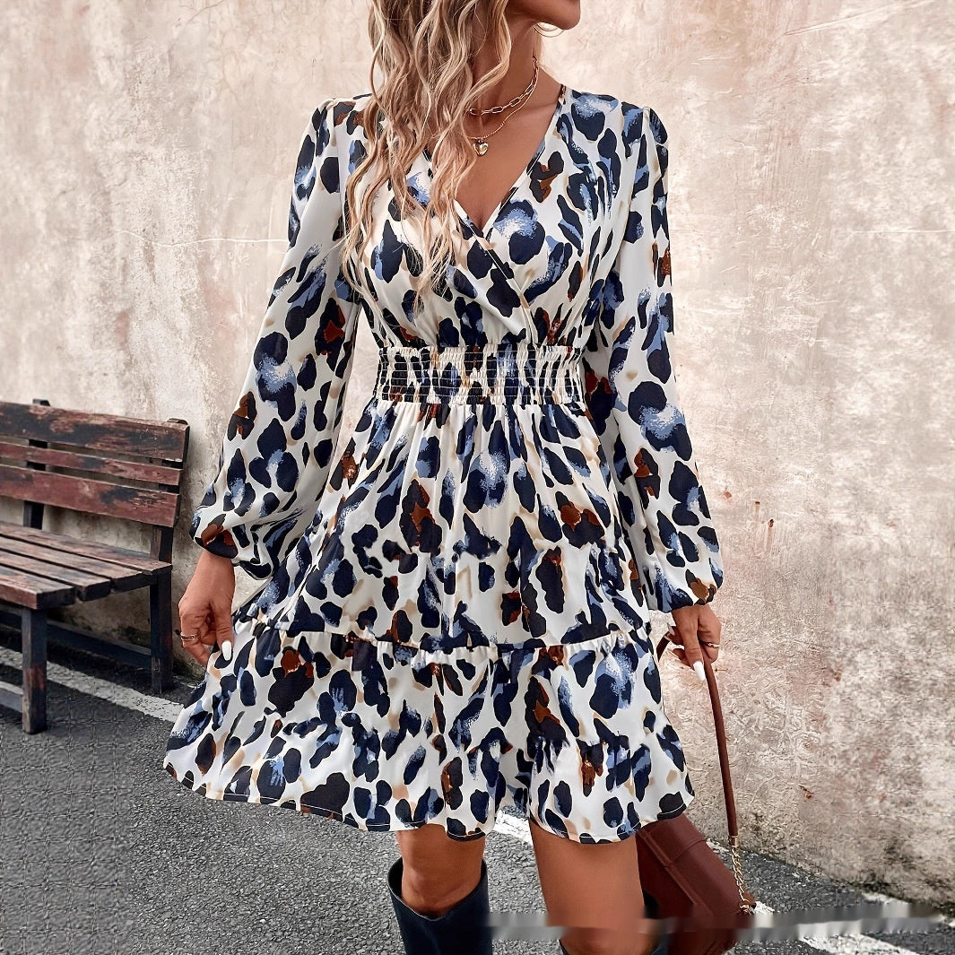 Womens Casual Loose Leopard-Print Floral Dress