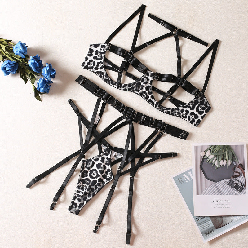 Leopard Print Heavy Industry Complex Strap Three-piece Underwear