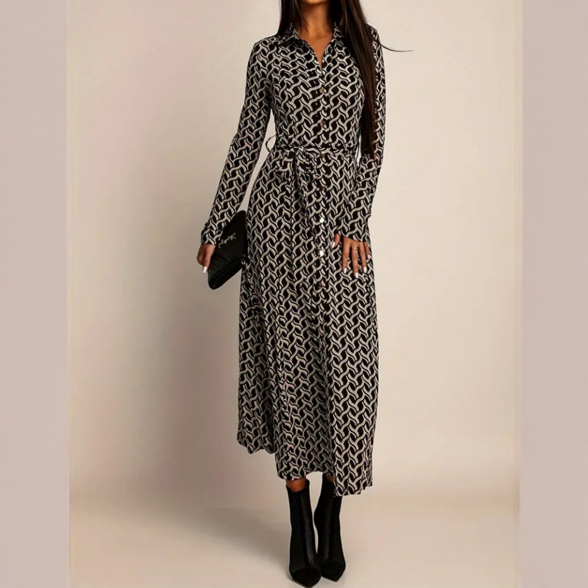 European And American-style Long-sleeve Waist-cinched Printed Dress