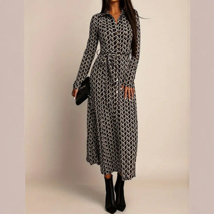 European And American-style Long-sleeve Waist-cinched Printed Dress