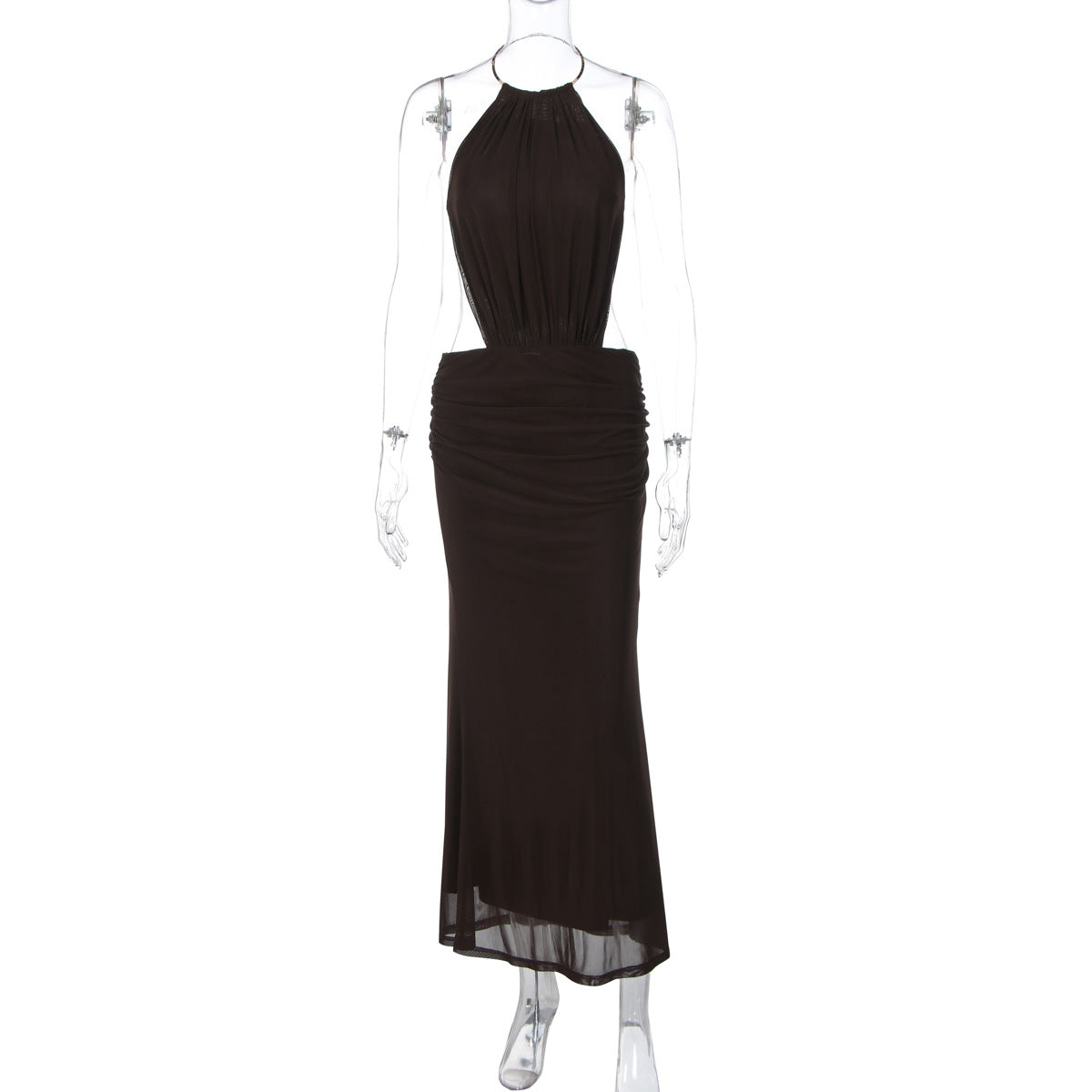 Metal Ring Halter Neck Sexy Backless Tie-waist Long Dress