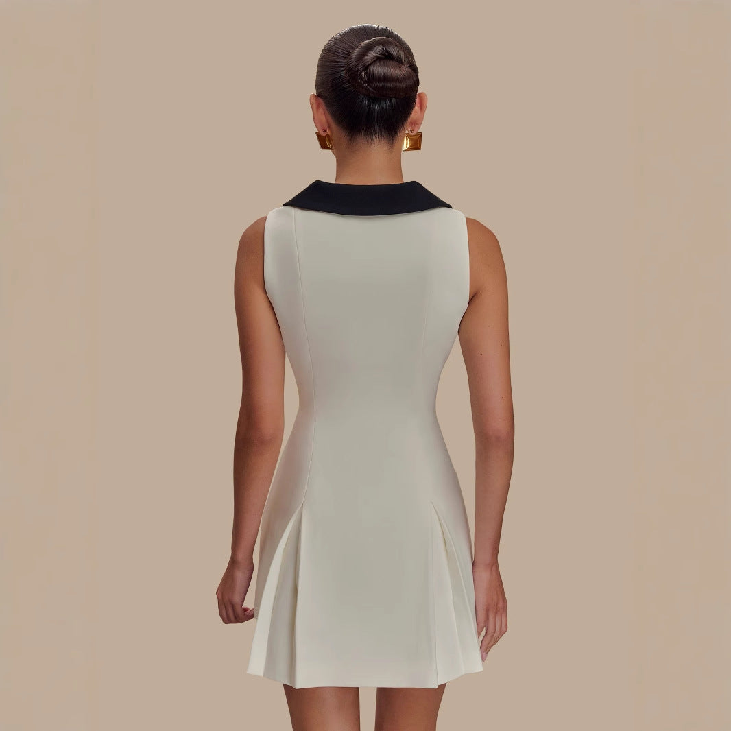 Womens Notched-Neck Metal-Button Sleeveless Elegant Waist-Cinching Dress