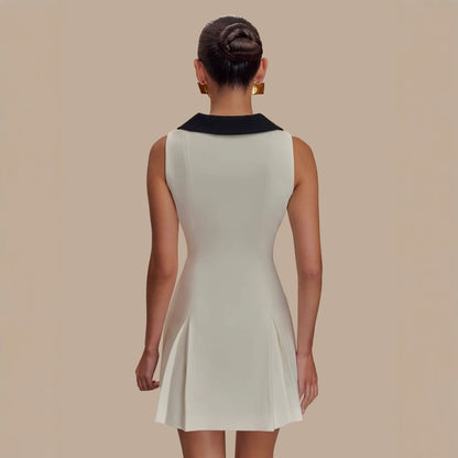 Womens Notched-Neck Metal-Button Sleeveless Elegant Waist-Cinching Dress