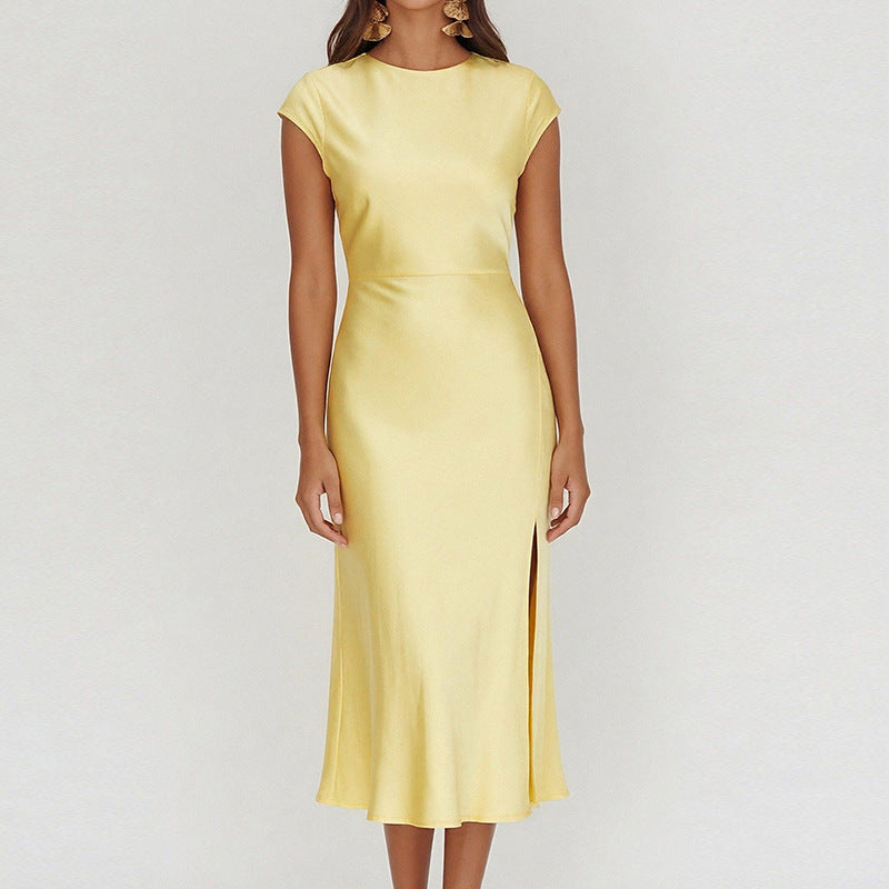 Womens Slim Elegant Split Formal Dress A Sophisticated Solid-color Workwear Dress