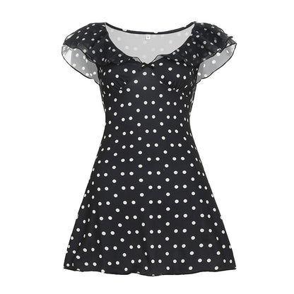 French-style Sexy Off-shoulder Polka-dot Contrast-color Waist-cinched Dress For Women