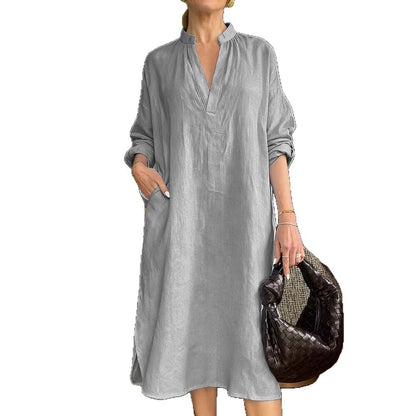 Womens Retro Cotton-Linen Long-Sleeve V-Neck Pocket Dress