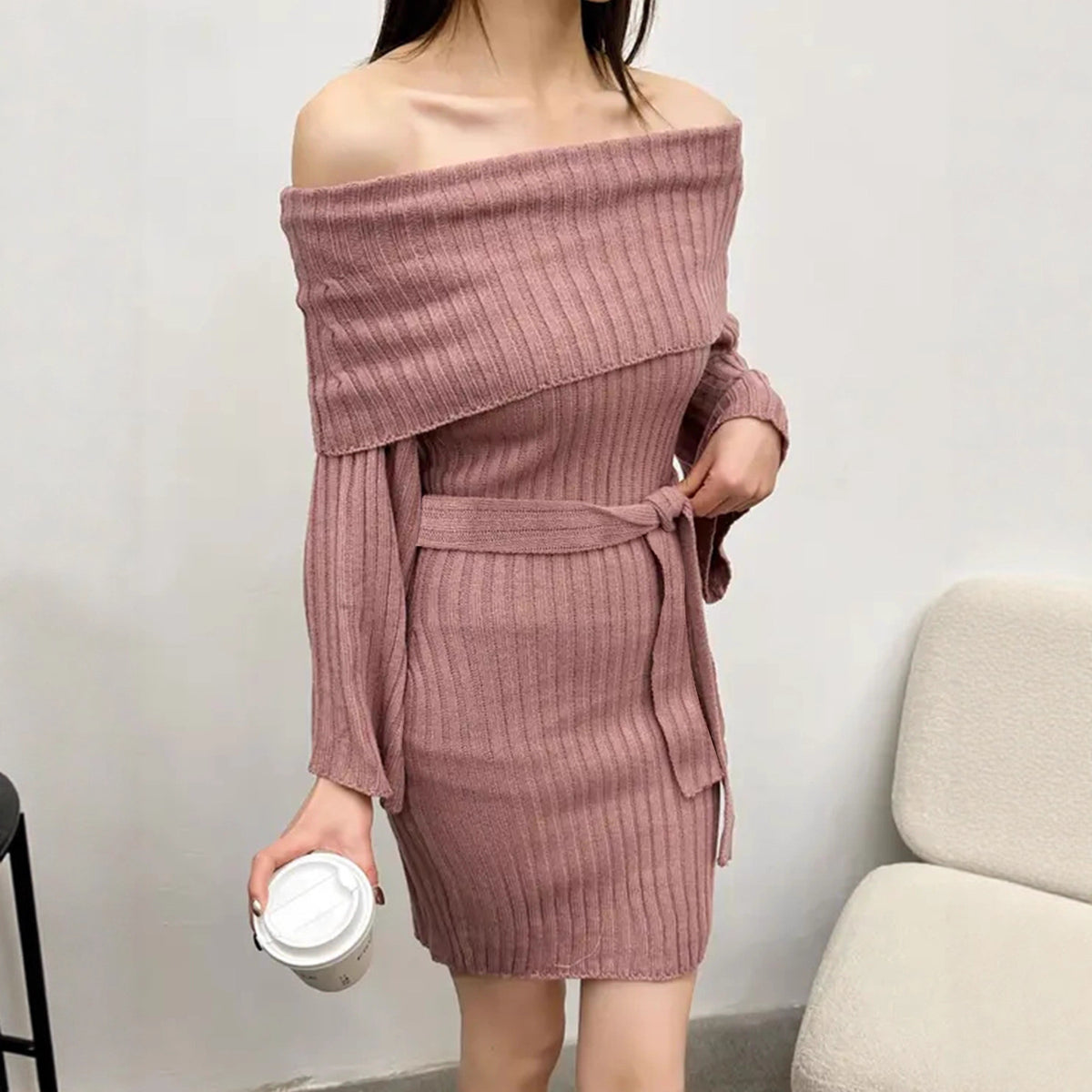French-style Off-the-shoulder Ribbed Knit Dress