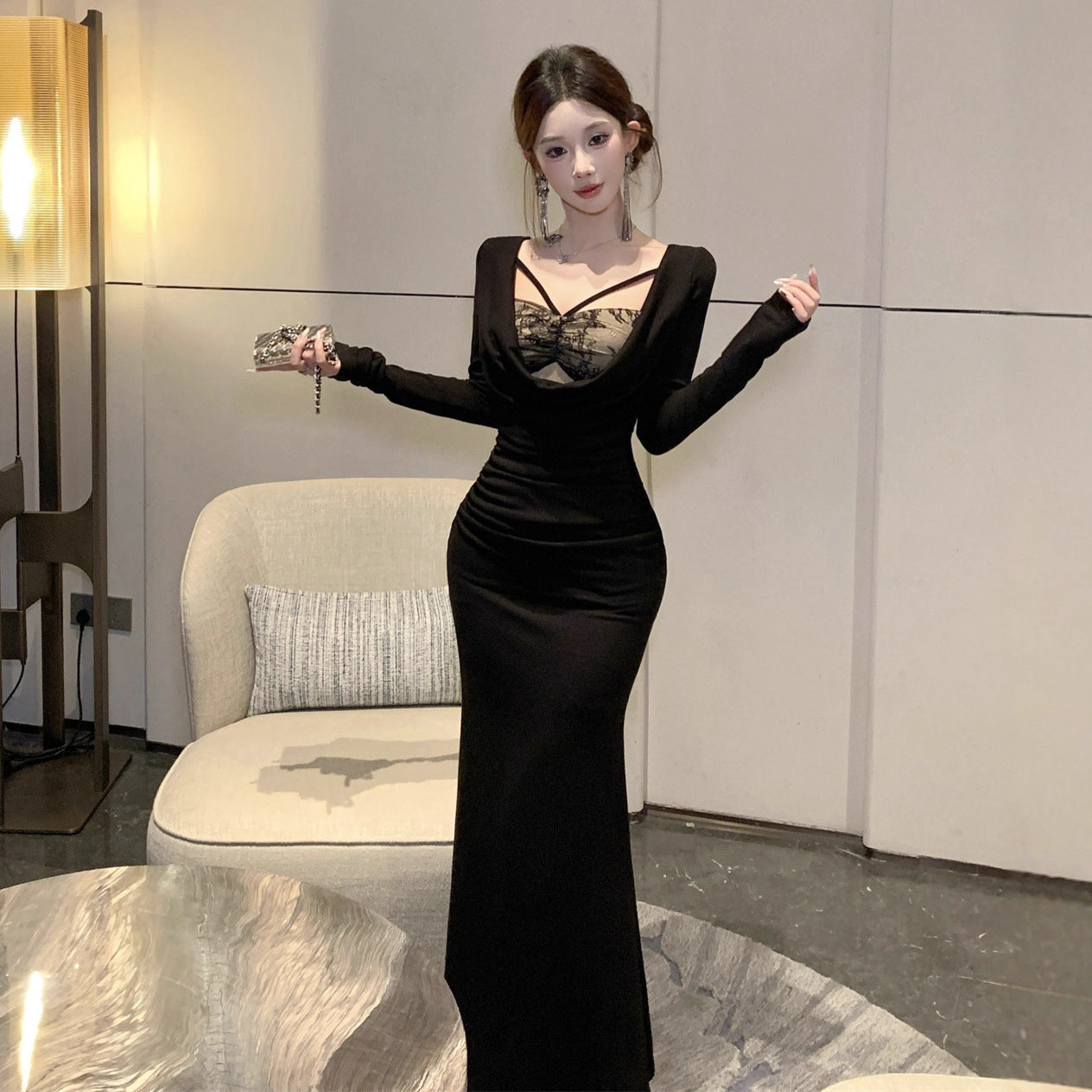 Womens Lace-Patchwork Mock Two-Piece Waist-Cinching Bodycon Dress