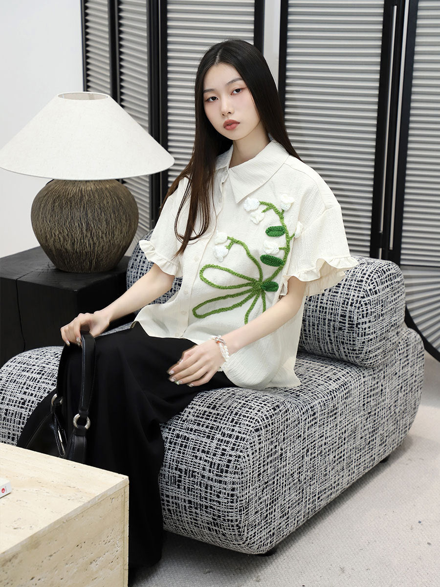 Women's Spring Hand-knitted Floral Decorations Short Sleeve Shirt Top