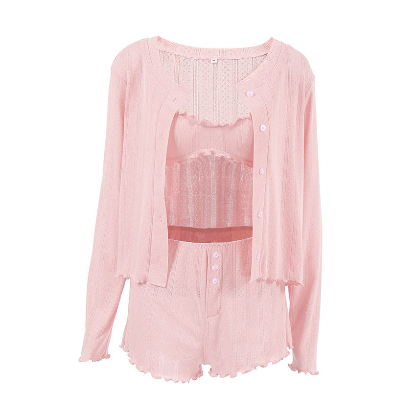 Knitted Skin-friendly Long-sleeved Cardigan Underwear Shorts Three-piece Pajamas