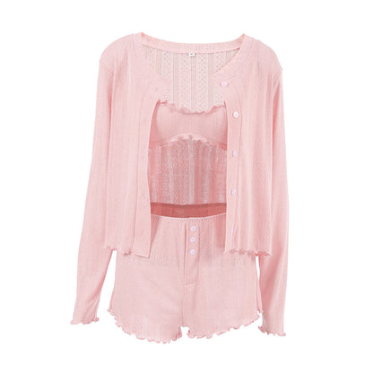 Knitted Skin-friendly Long-sleeved Cardigan Underwear Shorts Three-piece Pajamas