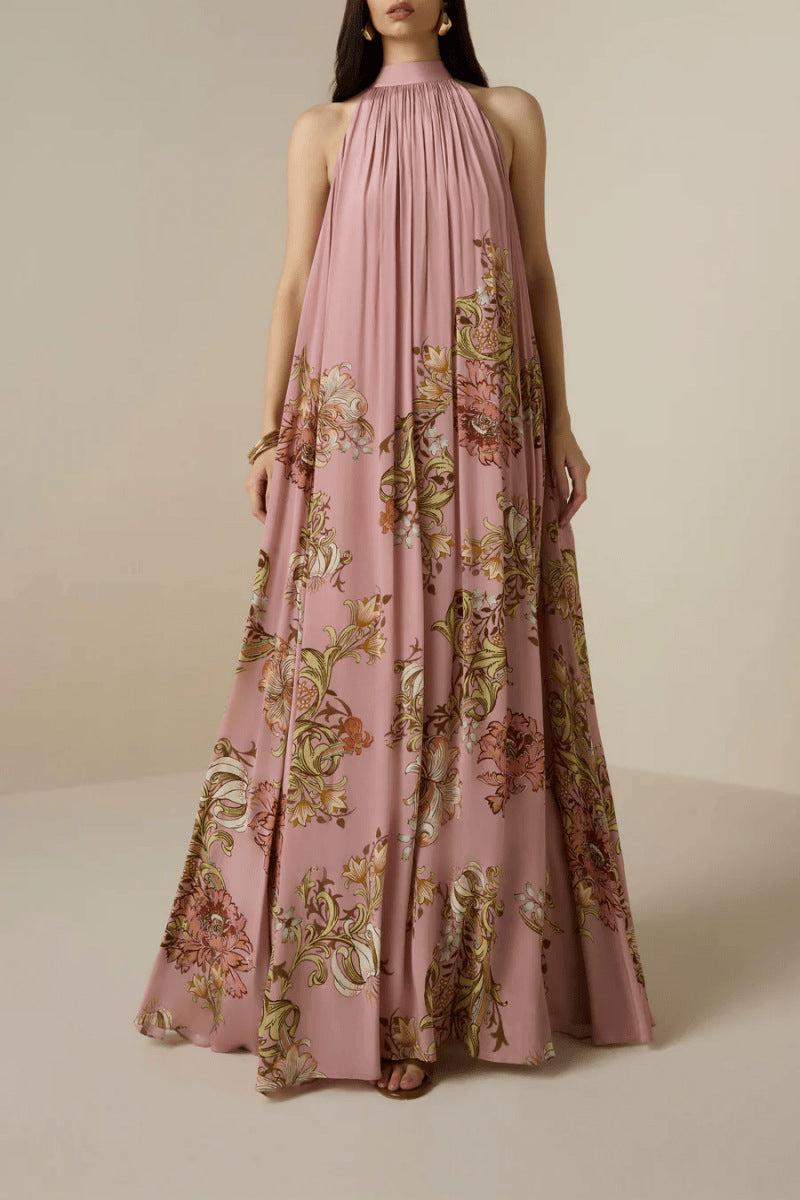 Womens Elegant High-Neck Lace-Up Printed Dress With A Refined Look