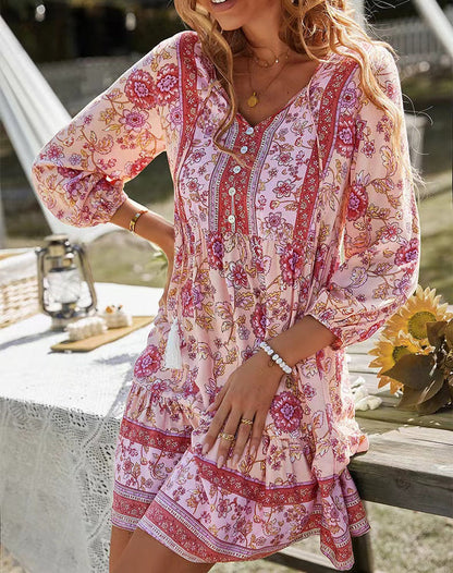 V-neck Printed Casual Bohemian Short Skirt