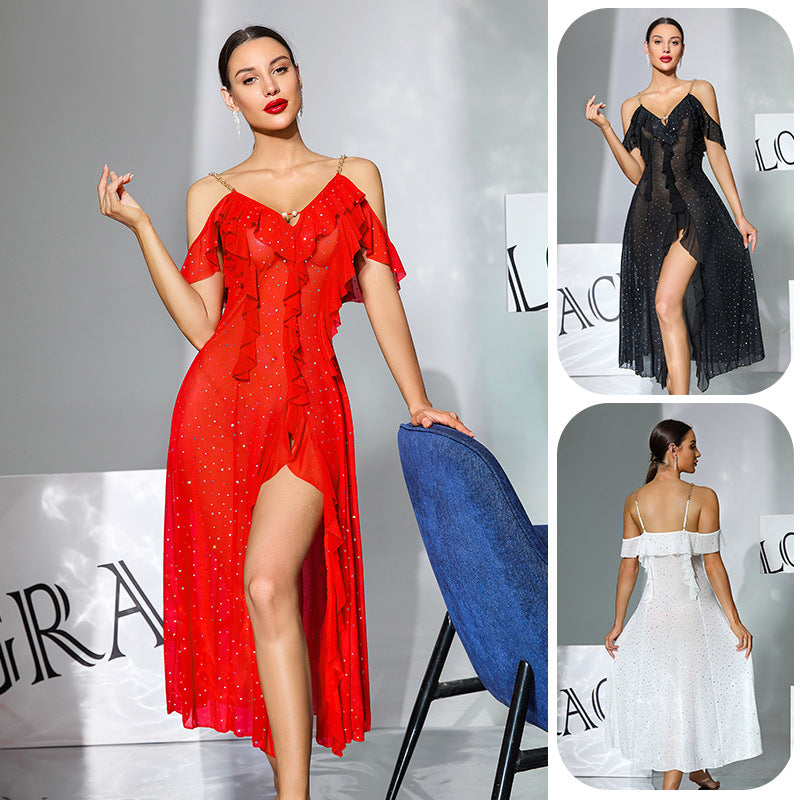 Multi-color Mesh Sequin Off-the-shoulder V-neck Split Dress