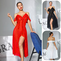 Multi-color Mesh Sequin Off-the-shoulder V-neck Split Dress