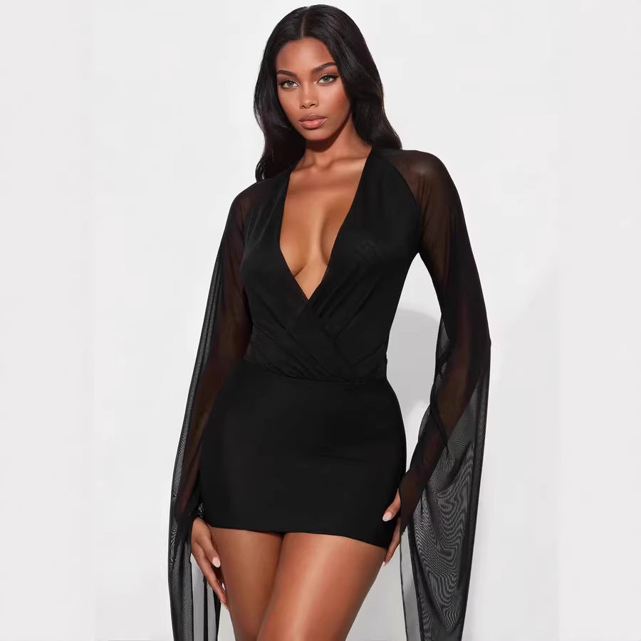 Mesh Sheer Deep-V Low-cut Mini Bodysuit