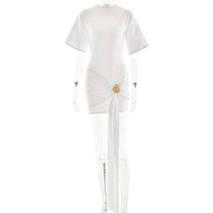 Fitted Half-sleeve Dress With A Tie Ruffles And A Cinched Waist