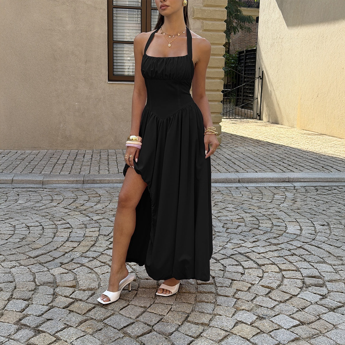 Asymmetrical Neck-hanging Waist-cinching Dress