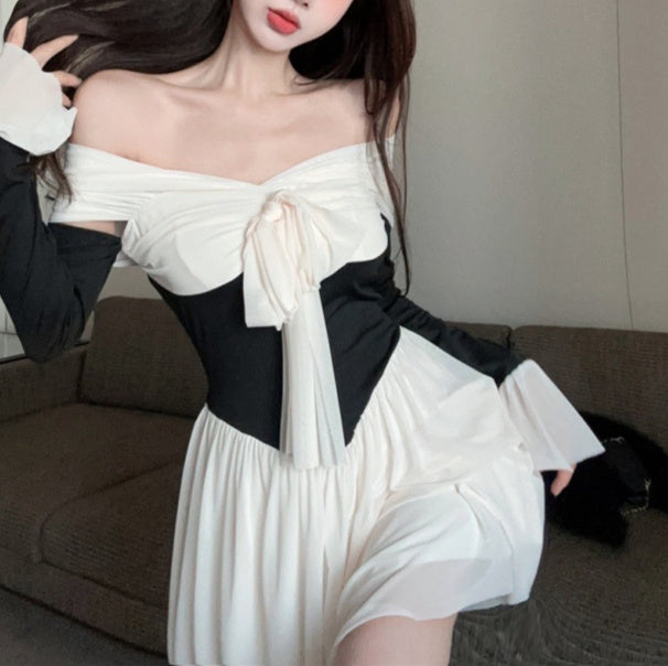 Womens Court-Style Off-the-Shoulder Flared-Sleeve Dress