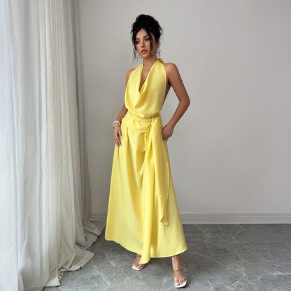 Womens Solid-Color Elegant French-Style Resort Halter Dress