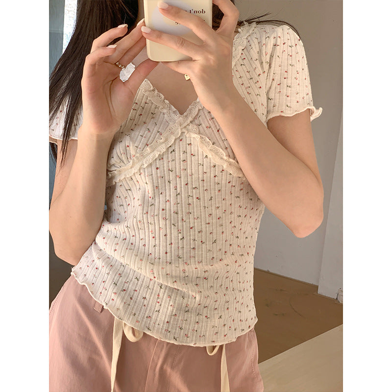 Women's Lace V-neck Short-sleeved T-shirt Slim-fit Crop-top