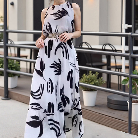 Printed Neck Hanging Sleeveless Waist Cinching Slim Fit Dress