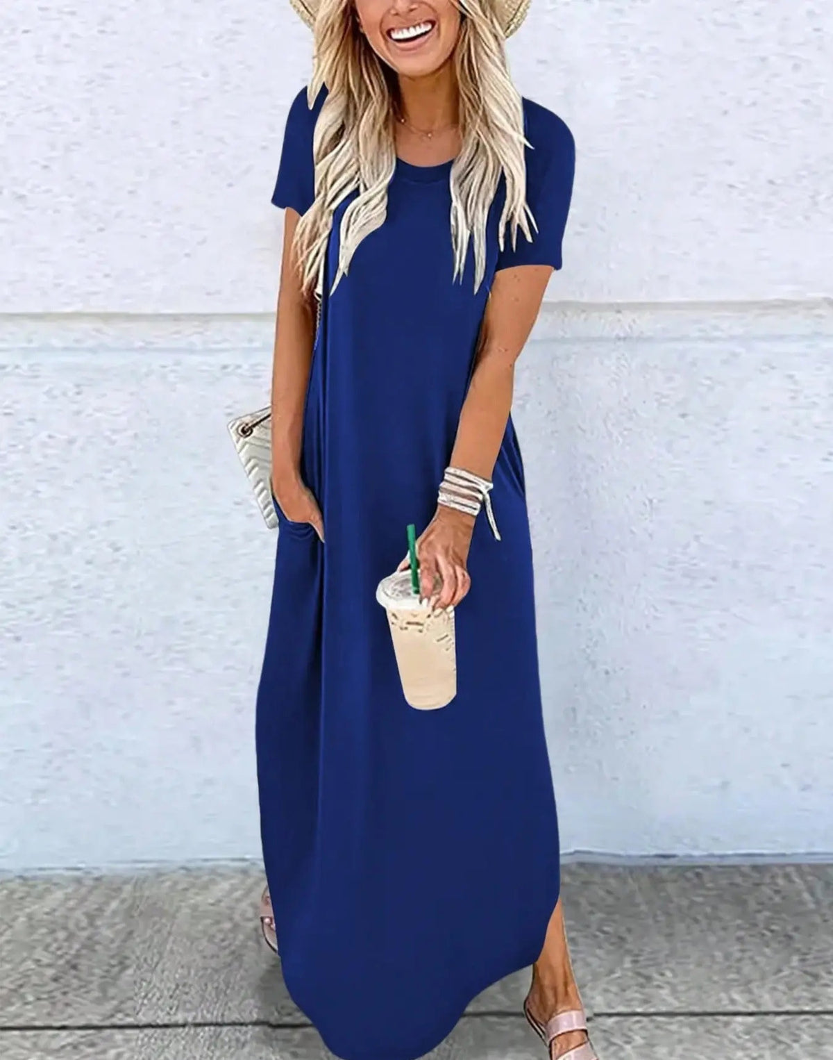 Solid-color Crew-neck Pocket Short-sleeve Dress