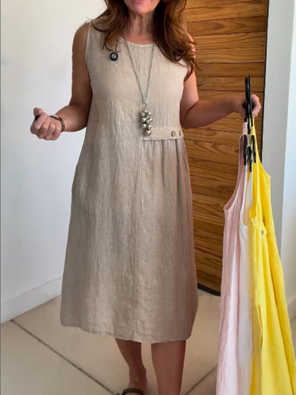 Womens Cotton-Linen Sleeveless Crew-Neck Dress With Buttoned Pockets, Western Style