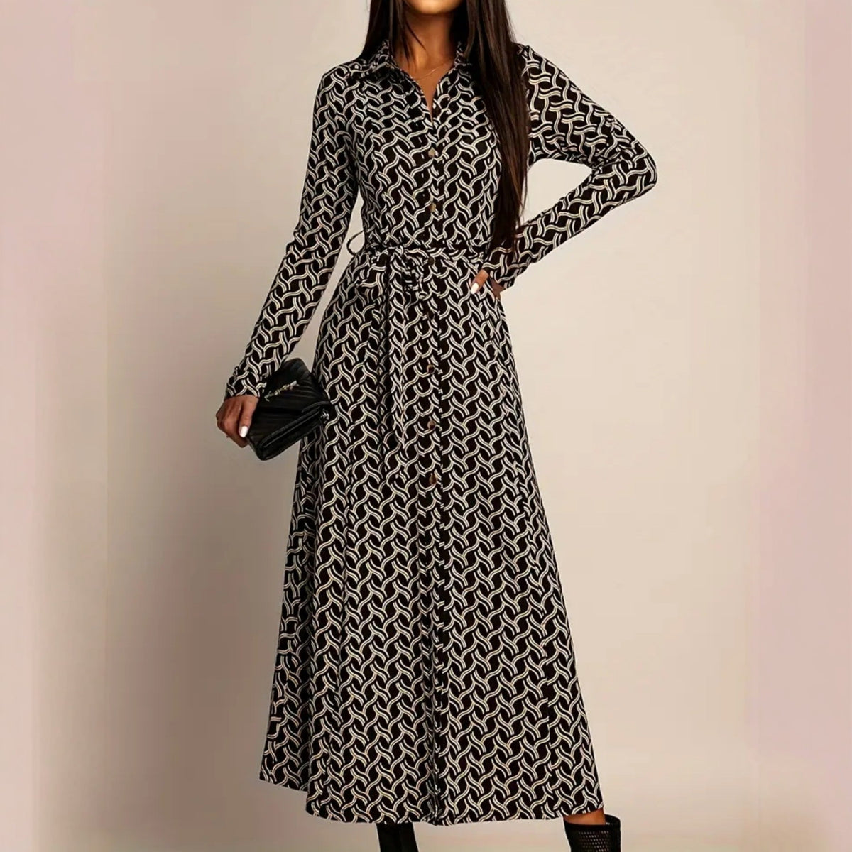 European And American-style Long-sleeve Waist-cinched Printed Dress