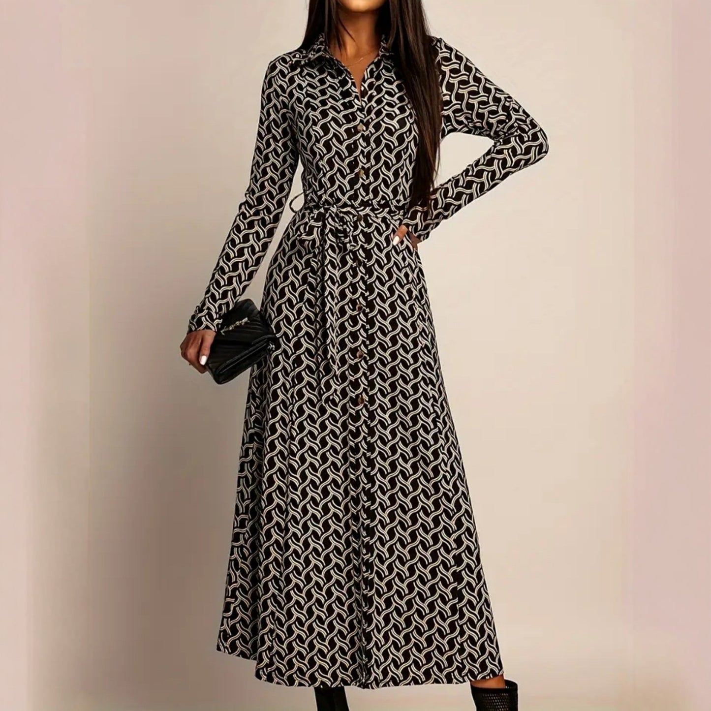 European And American-style Long-sleeve Waist-cinched Printed Dress