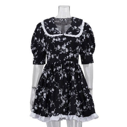 Womens Fashionable Printed Shawl Collar Patchwork Short-Sleeve Waist-Cinching Dress