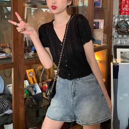 Retro Beige V-neck All-match Cropped Top Hollow Thin Knit T-shirt