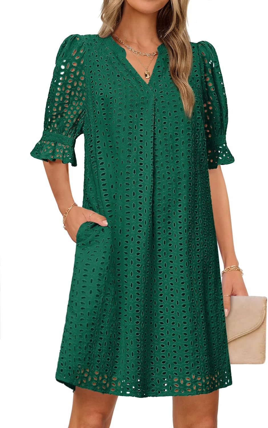SpringSummer V Neck Pleated Collar Hollow Out Floral Lace Dress