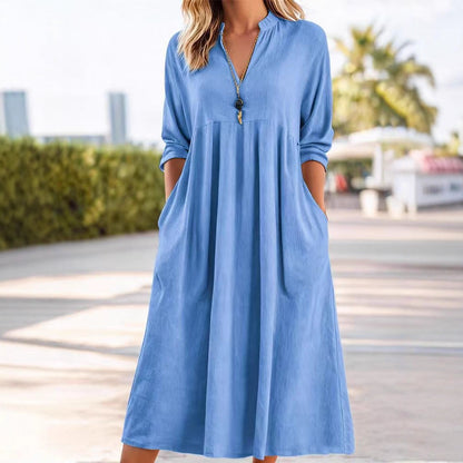 Womens Relaxed-fit Vintage Cotton-Linen Long-Sleeve V-Neck Dress With Pockets