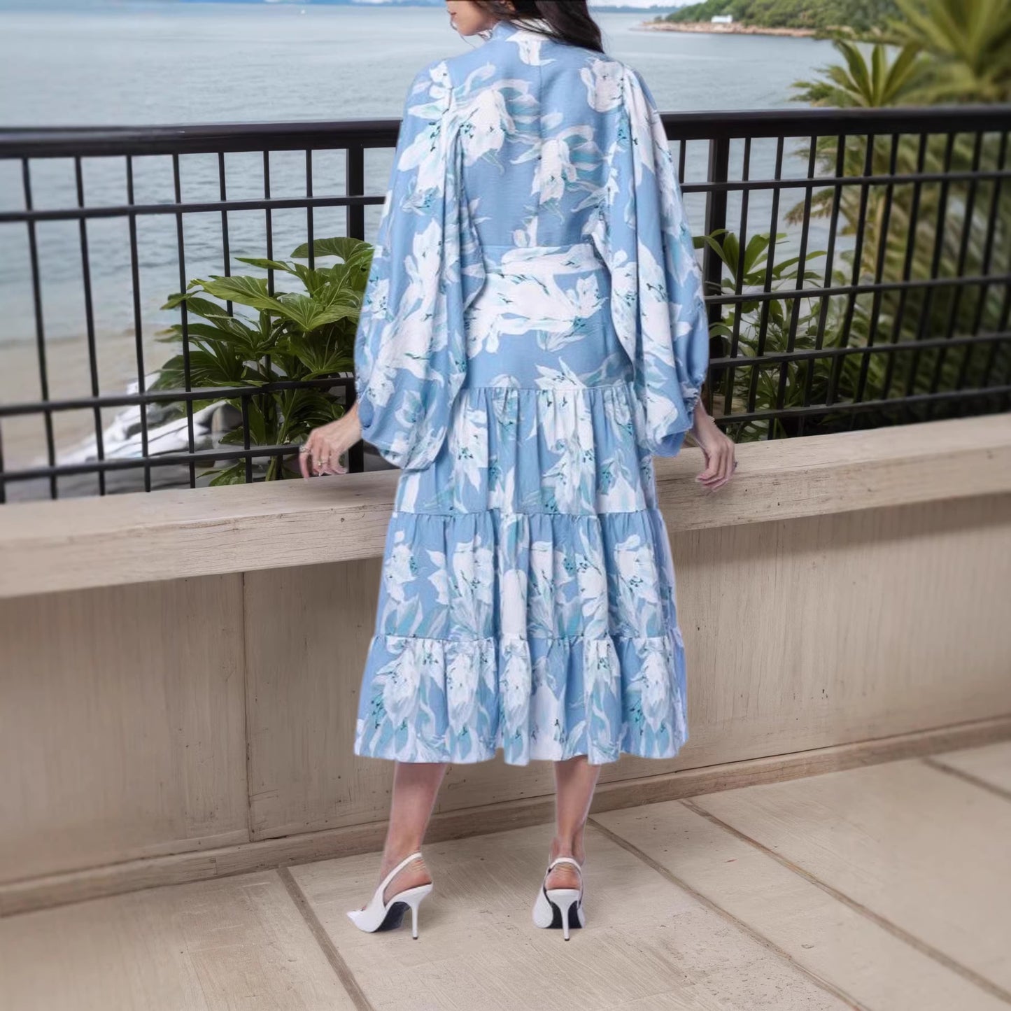 Womens Casual Printed Lantern-Sleeve Dress