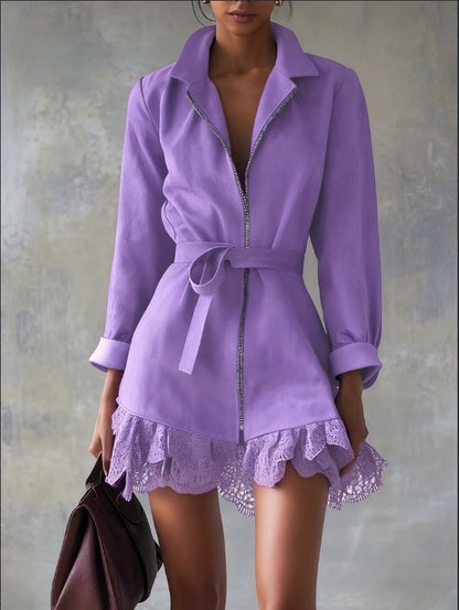 French Style Lapel Waist-Cinched Lace Patchwork Mini Dress