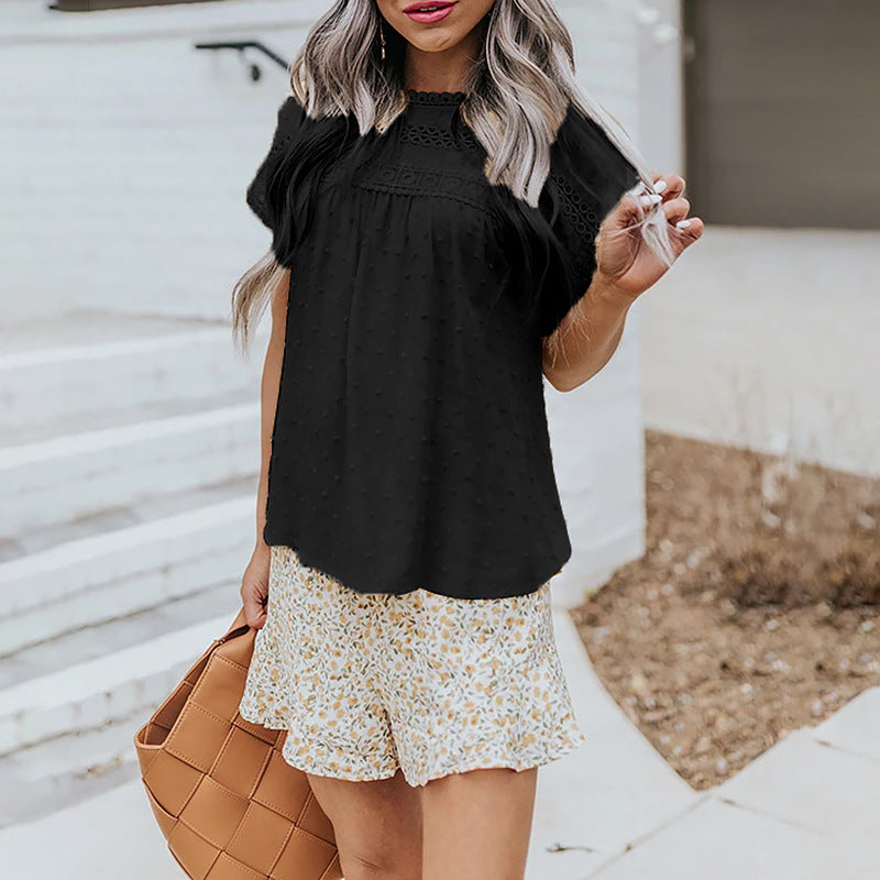Woven Pompom Short-sleeved Casual Shirt