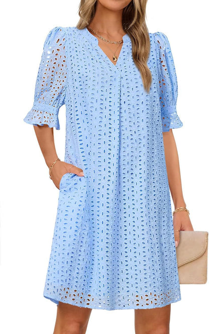 SpringSummer V Neck Pleated Collar Hollow Out Floral Lace Dress