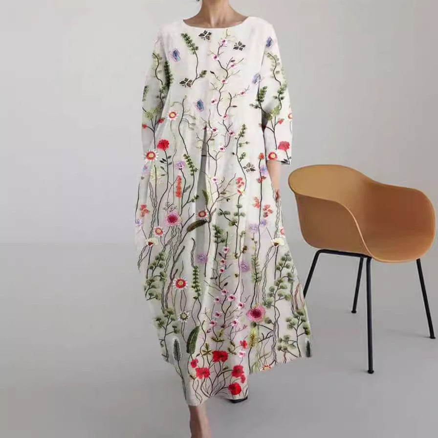 Retro Floral Pocketed Loose Womens Printed Maxi Dress